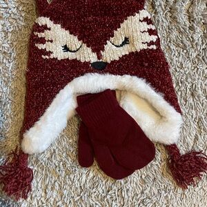 Adorable Fox Knit Hat and Mittens Set for Kids - burgundy